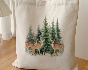 Deer Canvas Tote Bag, Fawn Winter Forest Christmas Watercolor