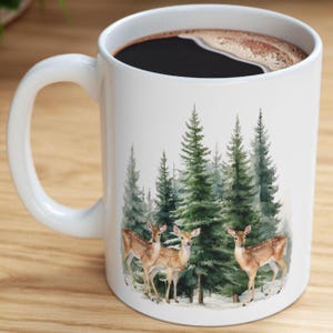 Deer Mug, Fawn Winter Forest Watercolor Coffee Cup, Woodland Christmas Animal Nature Lover Gift