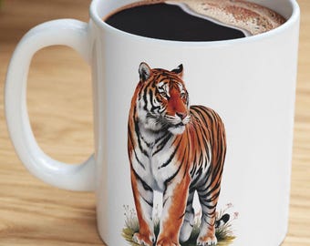 Taza de café con diseño de tigre de Bengala, taza de cerámica con estampado de acuarela de grandes felinos de safari.