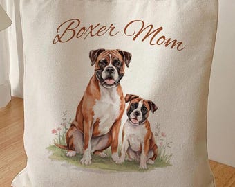 Bolso de lona con estampado de cachorro de perro y mamá bóxer, en acuarela, de algodón.