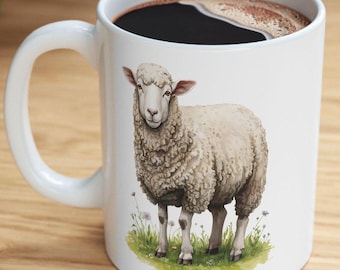 Koffiemok schapen, keramische beker aquarel lamsvlees, Cottagecore