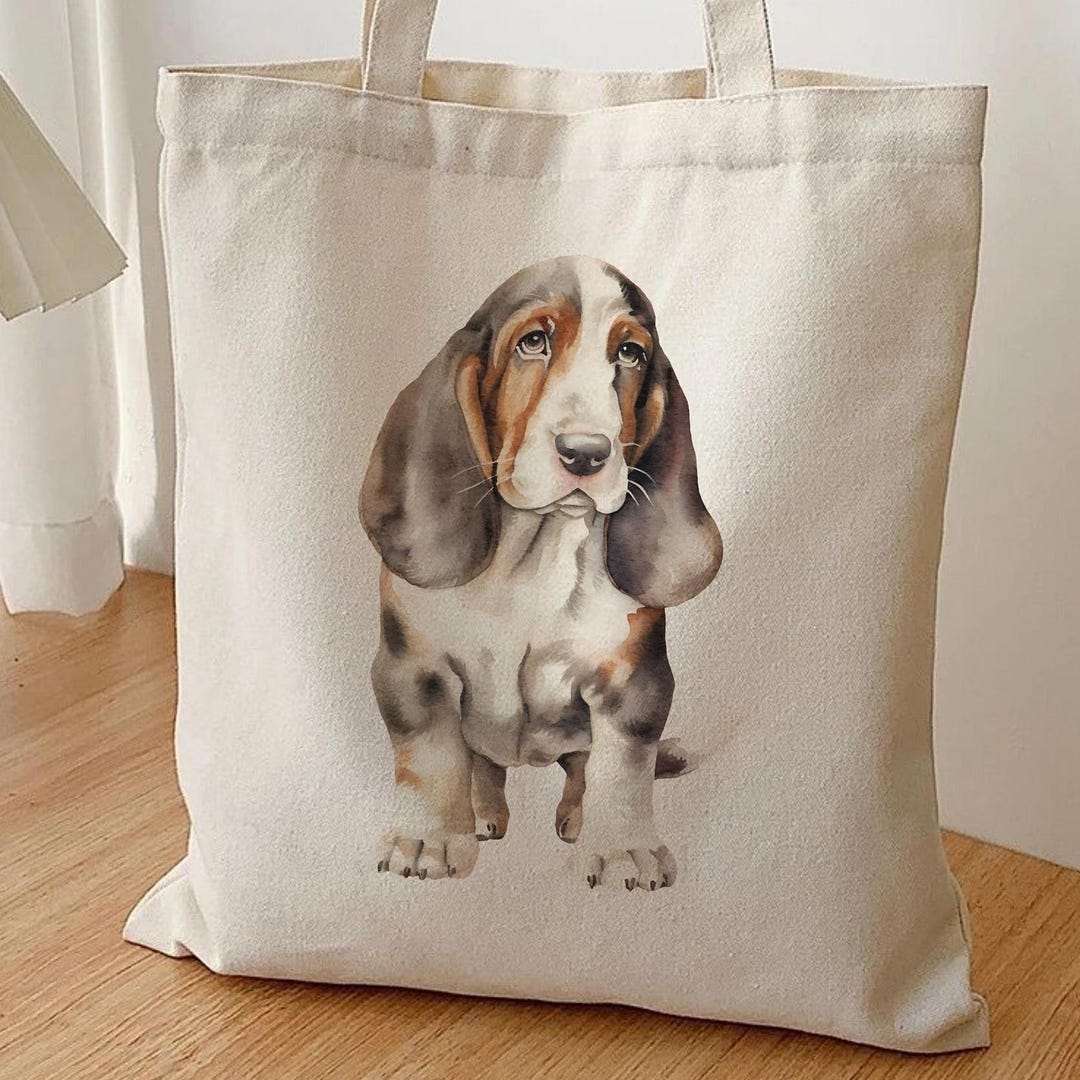 Bassett Hound Watercolor Floral Tote Bag - Cotton Polyester Blend With Double Stitching