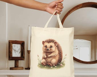 ハリネズミ柄キャンバストートバッグ、水彩画風コテージコアアート