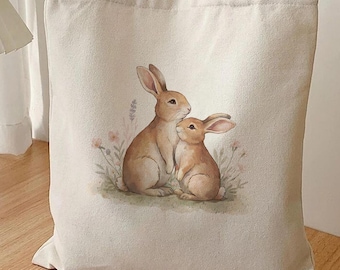 Canvas draagtas konijn koppel, katoen aquarel konijn bloemen