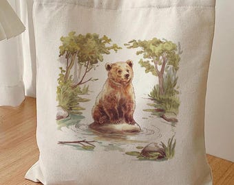 Brown Bear Cub Canvas Tote Bag, Watercolor Wildlife Cottagecore