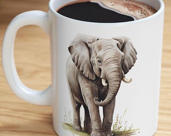 Taza de café con diseño de elefante, acuarela de fauna salvaje africana, cerámica.