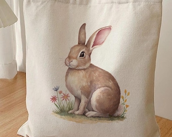 Canvas draagtas konijn, aquarel konijn bloemen lente katoen