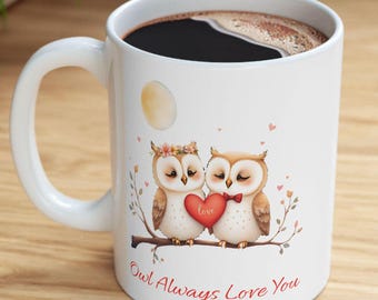 Owl Couple Coffee Mug, Watercolor Love Birds Ceramic Cup