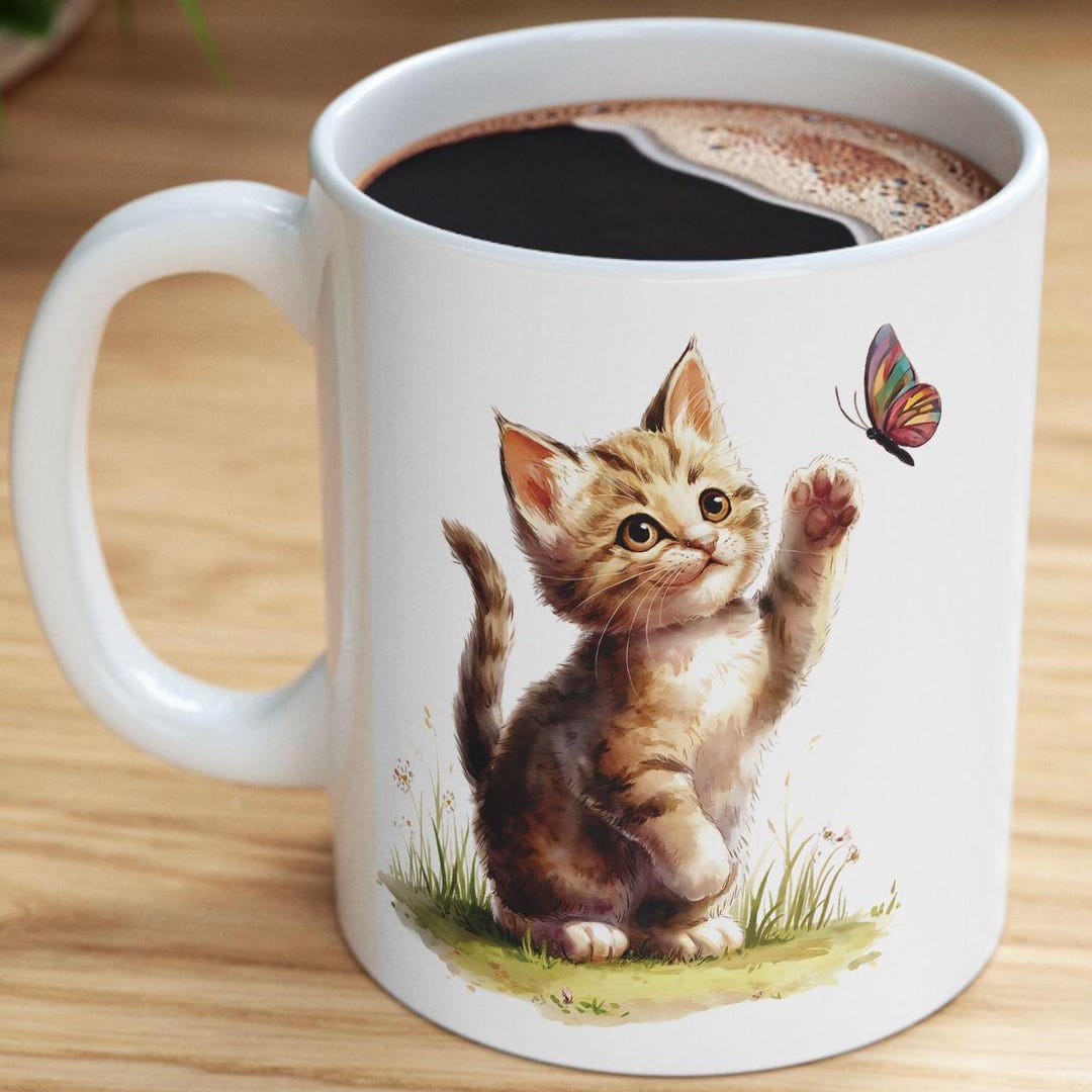 Kitten and Butterfly Ceramic Coffee Mug, Tabby Watercolor Art - Etsy