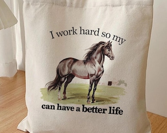 Bolsa de lona para amantes de cavalos, estampa divertida em aquarela com tema equestre.