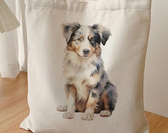 Bolso de lona con estampado de perro pastor australiano azul merle en acuarela.
