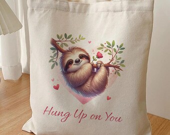Bolso de lona con estampado de perezoso "Hung Up on You", regalo de San Valentín.