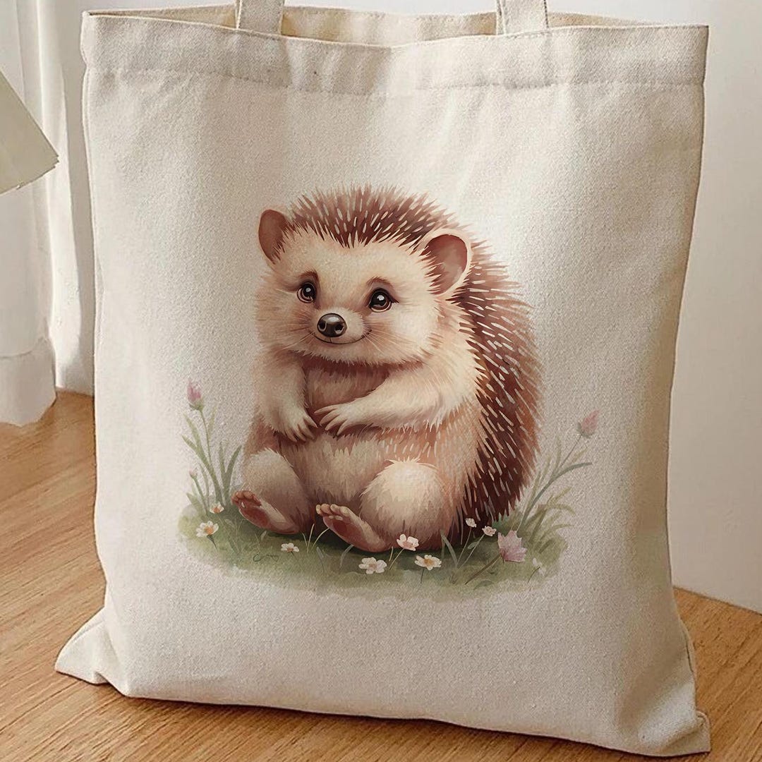 ハリネズミ柄キャンバストートバッグ、水彩画風コテージコアアート