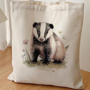 Cute Watercolor Badger Tote Bag, British Woodland Animal Canvas Bag, Country Nature Lover Gift, Rustic Farm Aesthetic, Free Shipping