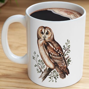 Barn owl coffee mug, woodland bird ceramic mug, rustic owl art gift, forest animal coffee cup, birdwatcher kitchen decor, free shipping