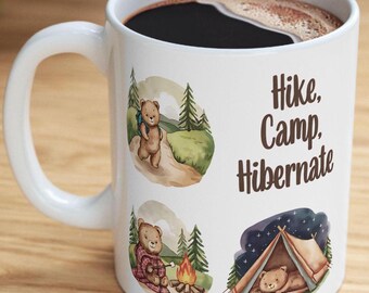 Taza de café con diseño de oso, ideal para senderismo, acampada o hibernación y fogatas con acuarelas.