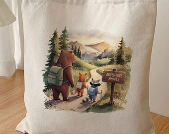 Woodland Animals Canvas Tote Bag, Adventure Awaits Bear Fox Raccoon