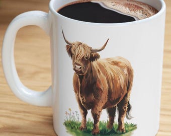 Caneca de café com vaca das Terras Altas, aquarela escocesa, presente estilo cottagecore.