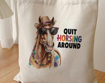 Bolsa de lona de algodão com estampa divertida de cavalo em aquarela, estilo cowboy.