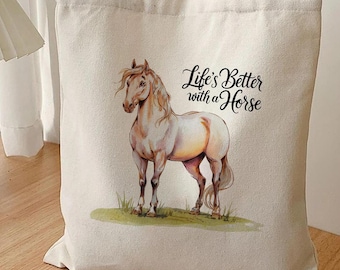 Horse Lover Tote Bag, Watercolor Equestrian Cotton Canvas