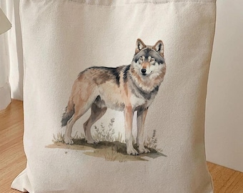 Grey Wolf Canvas Tote Bag, Watercolor Woodland Wildlife Cotton