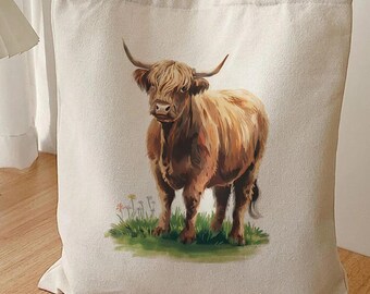 Bolso de lona con diseño de vaca de las Tierras Altas, regalo con acuarela escocesa.