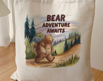 Bear Adventure Awaits Canvas Tote Bag, Watercolor Hiking Camping