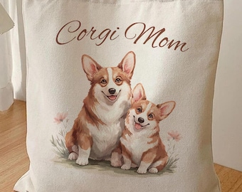 Torba typu tote z motywem Corgi Mom, płótno bawełniane z akwarelą na Dzień Matki