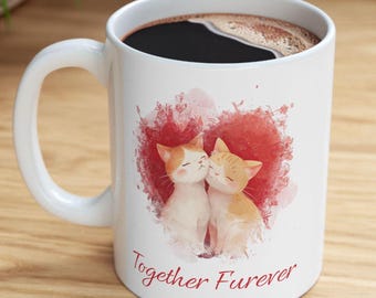 Cat Couple Ceramic Coffee Mug, Watercolor Heart, Valentines Day