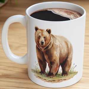 Rustic bear coffee mug, watercolor brown bear ceramic cup, woodland wildlife forest animal gift, cabin kitchen mug, free shipping