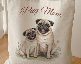 Pug Mom draagtas, aquarel katoencanvas voor hondenliefhebber