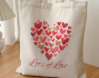 Torba z motywem serca, płócienna torba z akwarelowymi sercami, prezent na walentynki dla niej