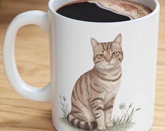 Brown Tabby Cat Coffee Mug, Watercolor Portrait Ceramic Cup