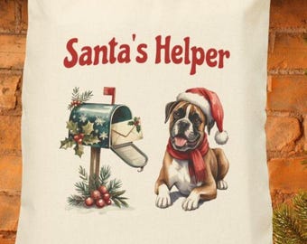 Bolso navideño con estampado de perro bóxer y lona de algodón, ideal para los ayudantes de Papá Noel.