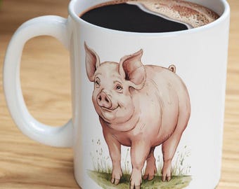 Kubek do kawy ze świnką, ceramiczny kubek z akwarelową świnką, kuchnia w stylu wiejskim