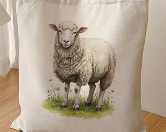 Bolso de mano con estampado de ovejas, lona de algodón con cordero en acuarela, estilo cottagecore.
