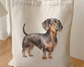 Dachshund Tote Bag, Black Tan Doxie Watercolor Canvas