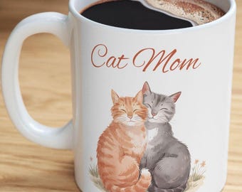 Cat Mom Ceramic Coffee Mug, Watercolor Orange Gray Tabby