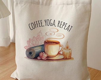 Bolso de lona Coffee Yoga Repeat, acuarela de loto Namaste