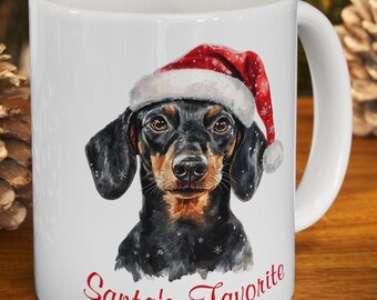 Taza con diseño de perro salchicha, la taza de café navideña favorita de Papá Noel con el perro salchicha favorito.
