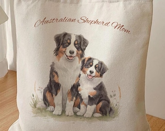 Bolso de lona con estampado de pastor australiano y perro australiano en acuarela.