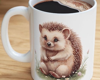 Hedgehog Coffee Mug, Watercolor Ceramic Cottagecore Art Gift