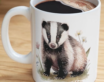 Baby Badger Coffee Mug, Watercolor Woodland Animal Wildlife Gift