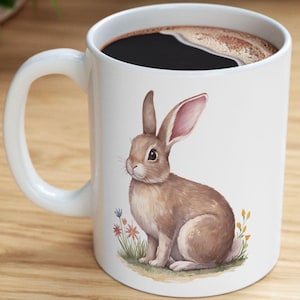 Aquarell Kaninchen Becher, süßes Häschen Kaffeetasse, Waldtier Keramikbecher, Osterhase Teebecher, Cottagecore ästhetisches Geschenk für sie