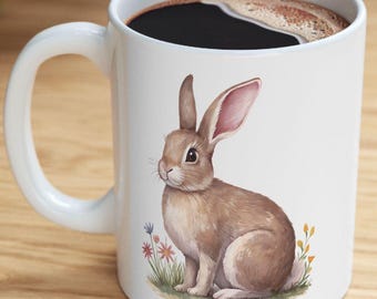Bunny Coffee Mug, Watercolor Rabbit Floral Spring Ceramic Cup