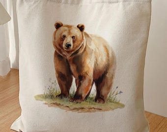 Brown Bear Canvas Tote Bag, Watercolor Grizzly Wildlife Nature
