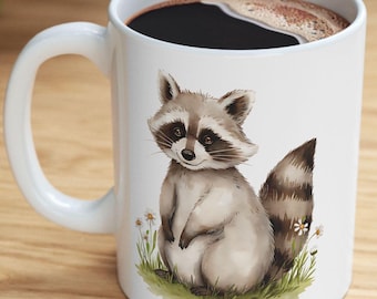 アライグマ柄セラミックコーヒーマグ、水彩画風ウッドランドコテージコアカップ