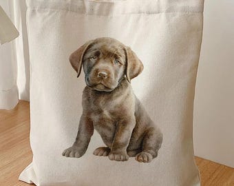 Chocolate Lab Puppy Canvas Tote Bag, Brown Labrador Watercolor