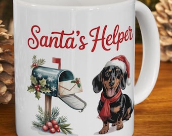 Taza con diseño de perro salchicha, taza de café navideña "Ayudante de Papá Noel", para amantes de los perros salchicha.