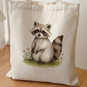 Cute Watercolor Raccoon Tote Bag, Woodland Animal Canvas Tote, Rustic Nature Tote Bag, Eco Friendly Reusable Bag, Raccoon Gift Idea
